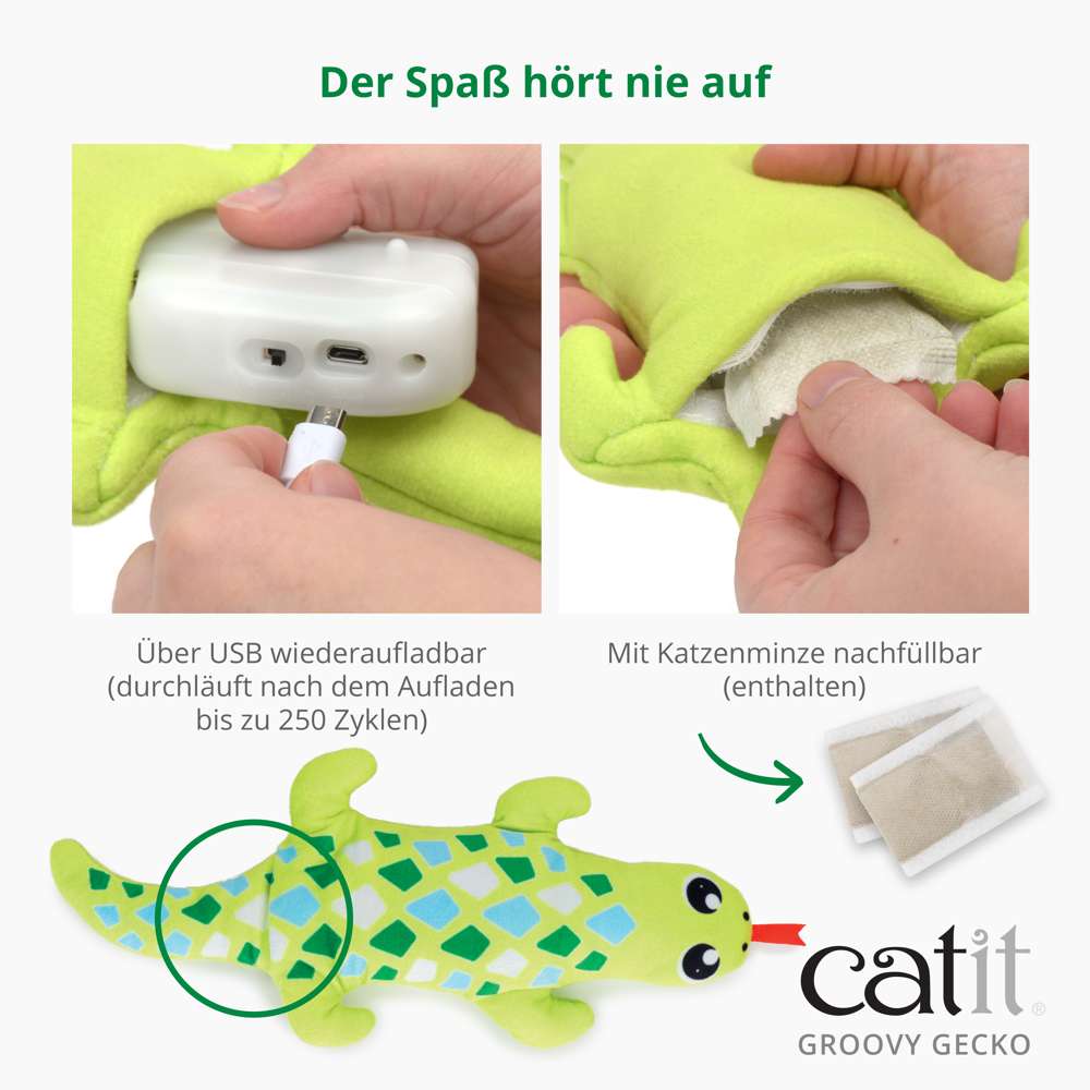 Über USB wiederaufladbar. Durchläuft nach dem Aufladen bis zu 250 Zyklen. Mit Katzenminze nachfüllbar.