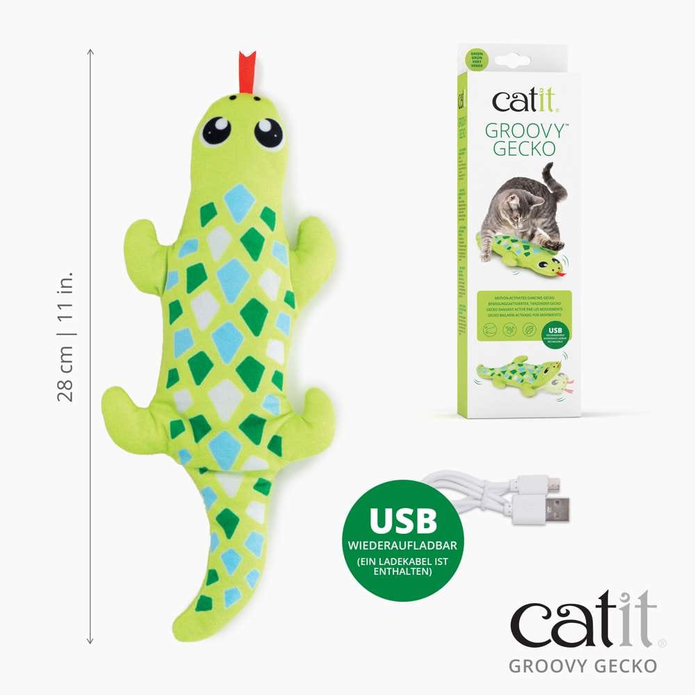 Länge des Geckos: 28 cm. USB-Ladekabel ist enthalten. 