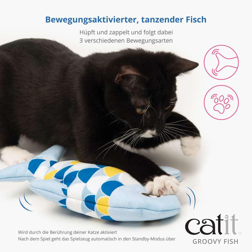 Bewegungsaktivierter, tanzender Fisch. Hüpft und zappelt und folgt dabei 3 verschiedenen Bewegungsarten.