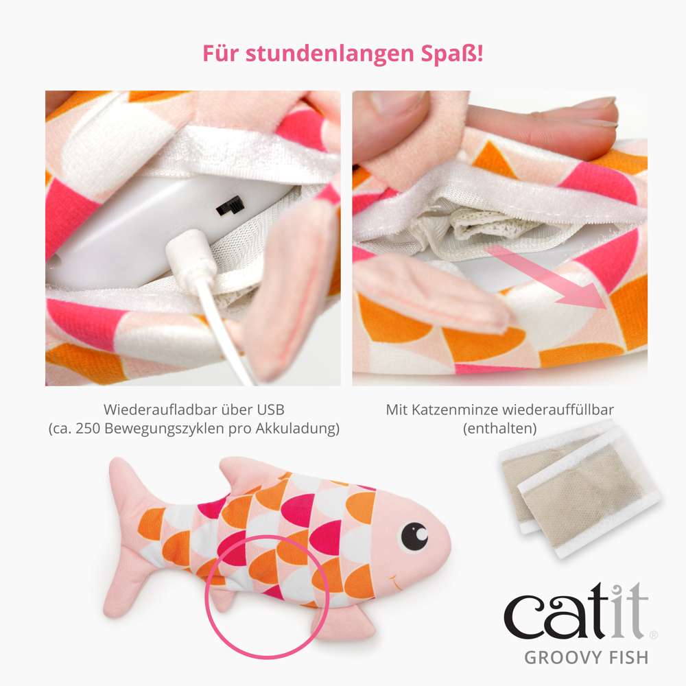 Wiederaufladbar über USB. Etwa 250 Bewegungszyklen pro Akkuladung. Mit Katzenminze wiederauffüllbar.