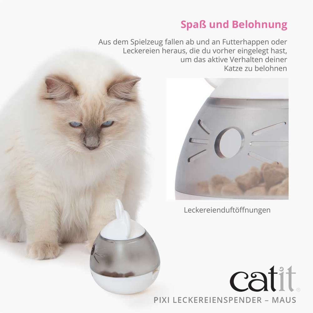 Aus dem Spielzeug fallen ab und an Futterhappen oder Leckereien heraus, die du vorher eingelegt hast, um das aktive Verhalten deiner Katze zu belohnen. Öffnungen für Leckereienduft sind vorhanden.