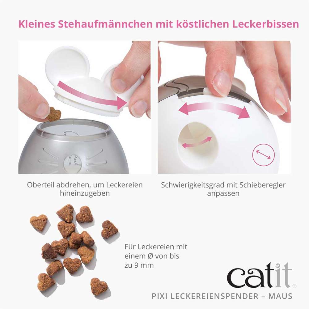 Oberteil abdrehen, um Leckereien hineinzueben. Schwierigkeitsgrad mit Schieberegler anpassen. Für Leckereien mit einem Durchmesser von bis zu 9 mm.