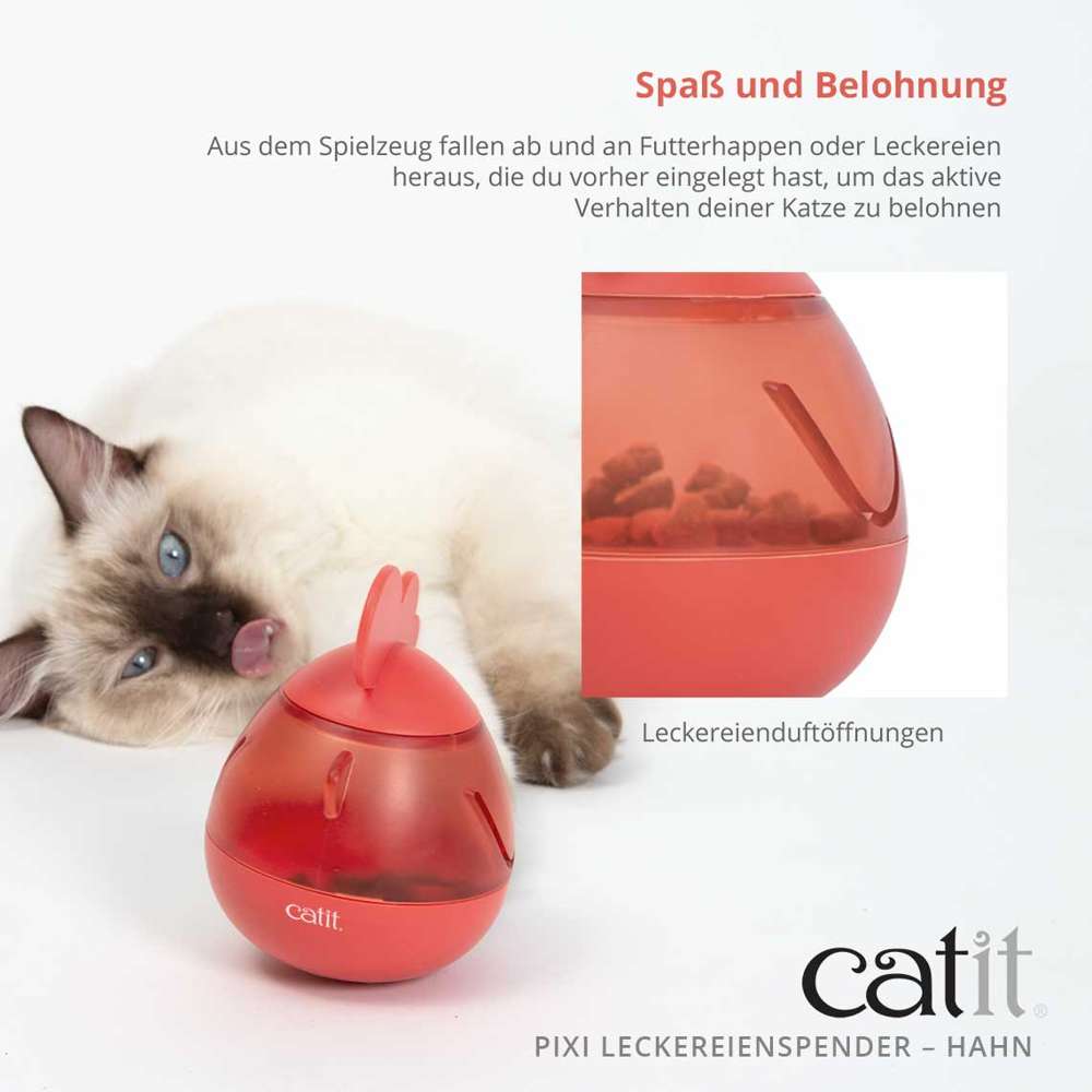 Aus dem Spielzeug fallen ab und an Futterhappen oder Leckereien heraus, die du vorher eingelegt hast, um das aktive Verhalten deiner Katze zu belohnen. Öffnungen für Leckereienduft sind vorhanden.