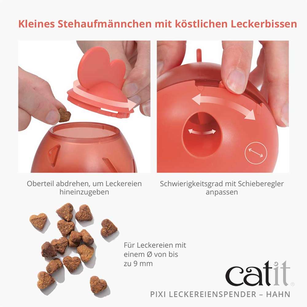 Oberteil abdrehen, um Leckereien hineinzueben. Schwierigkeitsgrad mit Schieberegler anpassen. Für Leckereien mit einem Durchmesser von bis zu 9 mm.