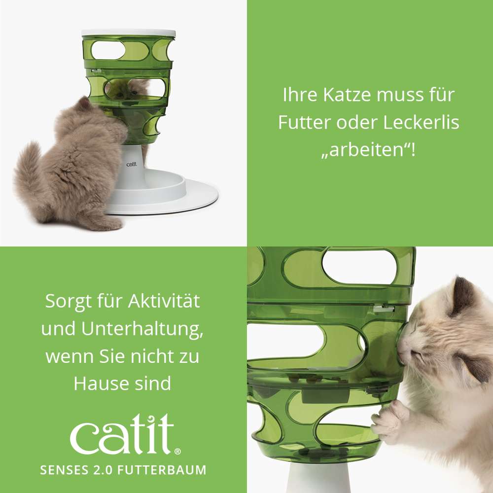 Ihre Katze muss für Futter oder Leckerlis "arbeiten". Sorgt für Aktivität und Unterhaltung, wenn Sie nicht zu Hause sind.
