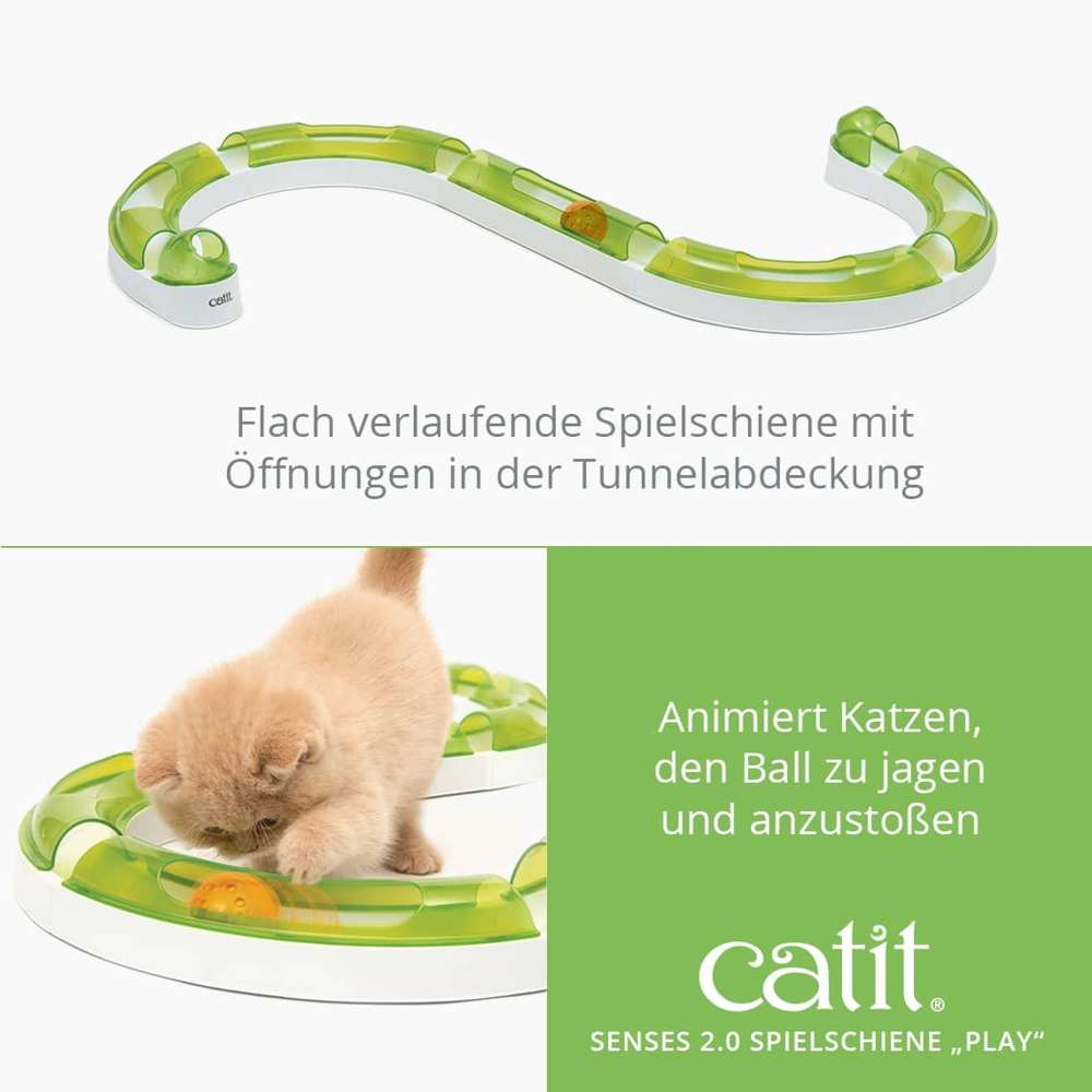 Flach verlaufende Spielschiene mit Öffnungen in der Tunnelabdeckung. Animiert Katzen, den Ball zu jagen und anzustoßen. Catit Senses 2.0 Spielschiene „Play“.
