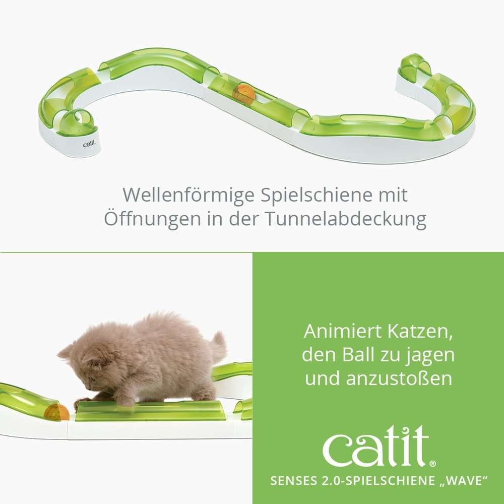 Wellenförmige Spielschiene mit Öffnungen in der Tunnelabdeckung. Animiert Katzen, den Ball zu jagen und anzustoßen. Catit Senses 2.0 Spielschiene „Wave“.