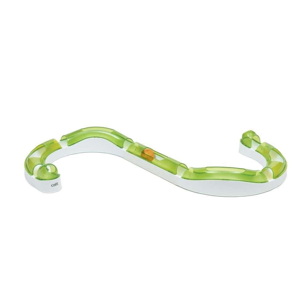 Wellenförmige grüne Catit Senses Wave Circuit Spielschiene mit orangefarbigem Ball.