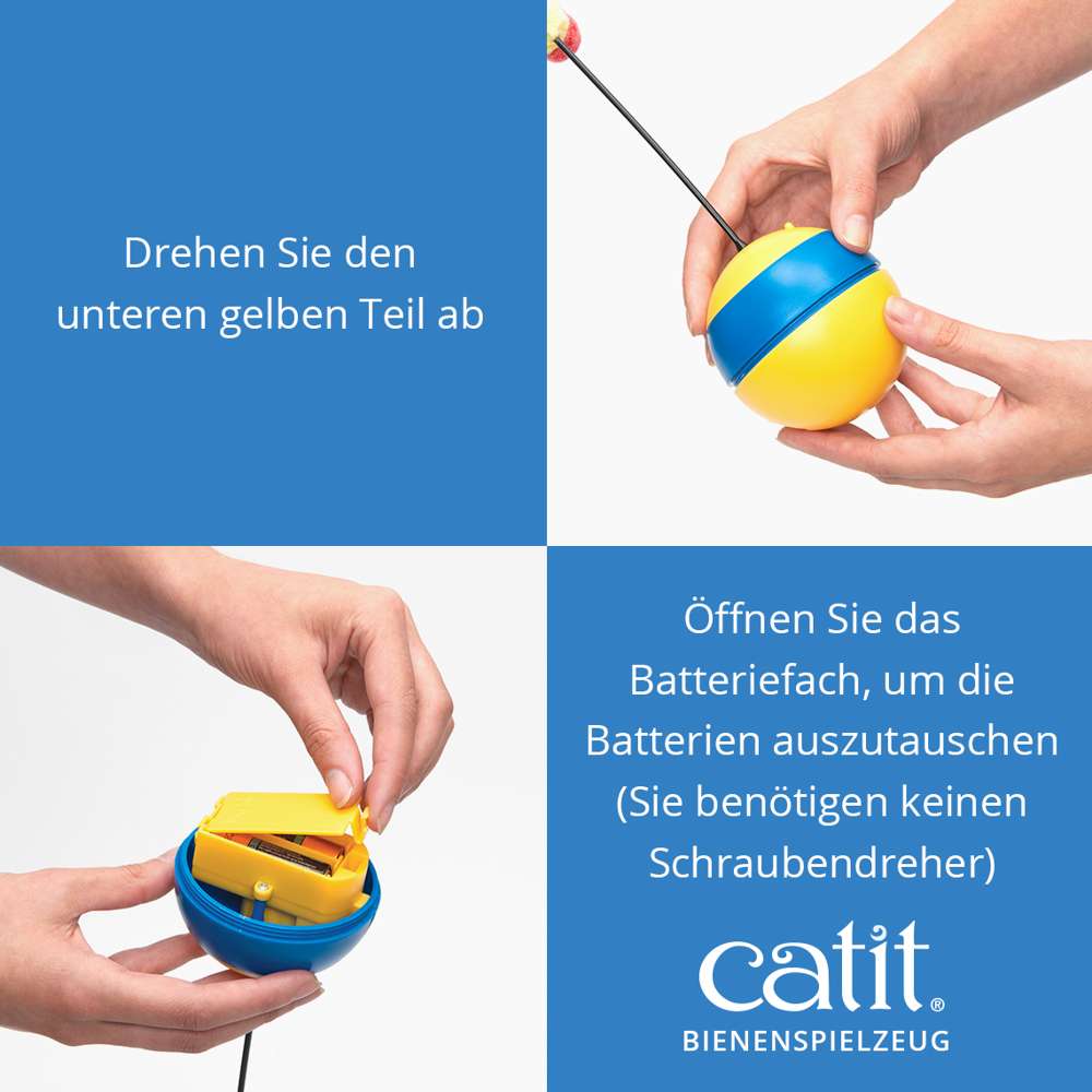 Drehen Sie den unteren gelben Teil ab. Öffnen Sie das Batteriefach, um die Batterien auszutauschen (Sie benötigen keinen Schraubendreher)
