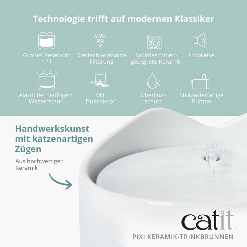 Großes Wasser-Reservoir 1,7 Liter, dreifach wirksame Filterung, spülmaschinengeeignete Keramik. Alarm bei niedrigem Wasserstand. Mit Düsenkopf. Überlaufschutz. Aus hochwertiger Keramik.