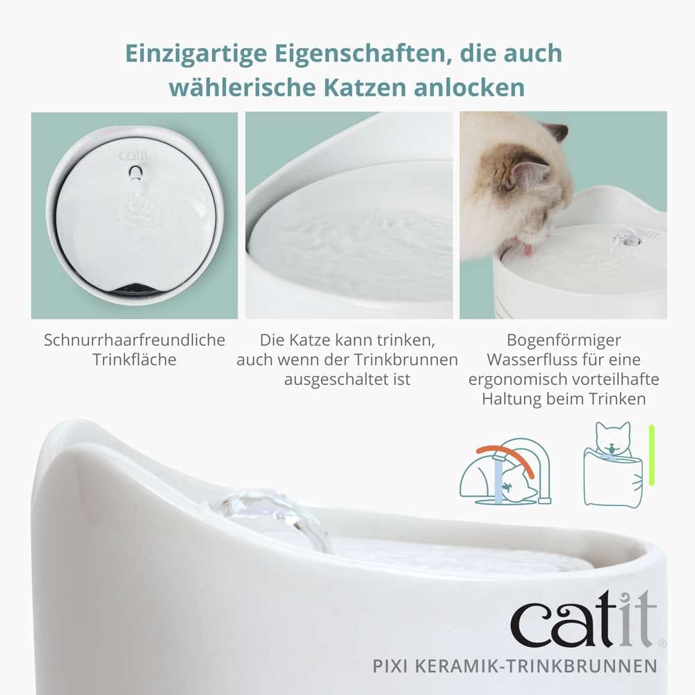 Einzigartige Eigenschaften, die auch wählerische Katzen anlocken. Schnurrhaarreundliche Trinkfläche. Bogenförmiger Wasserfluss für eine ergonomisch vorteilhafte Haltung beim Trinken.