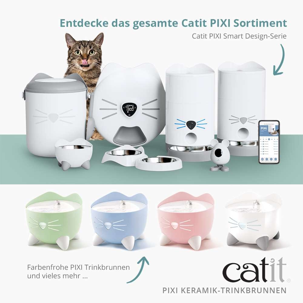 Nebeneinander stehen zahlreiche Produkte der Serie "Catit PIXI". Entdecke das gesamte Catit PIXI Sortiment.