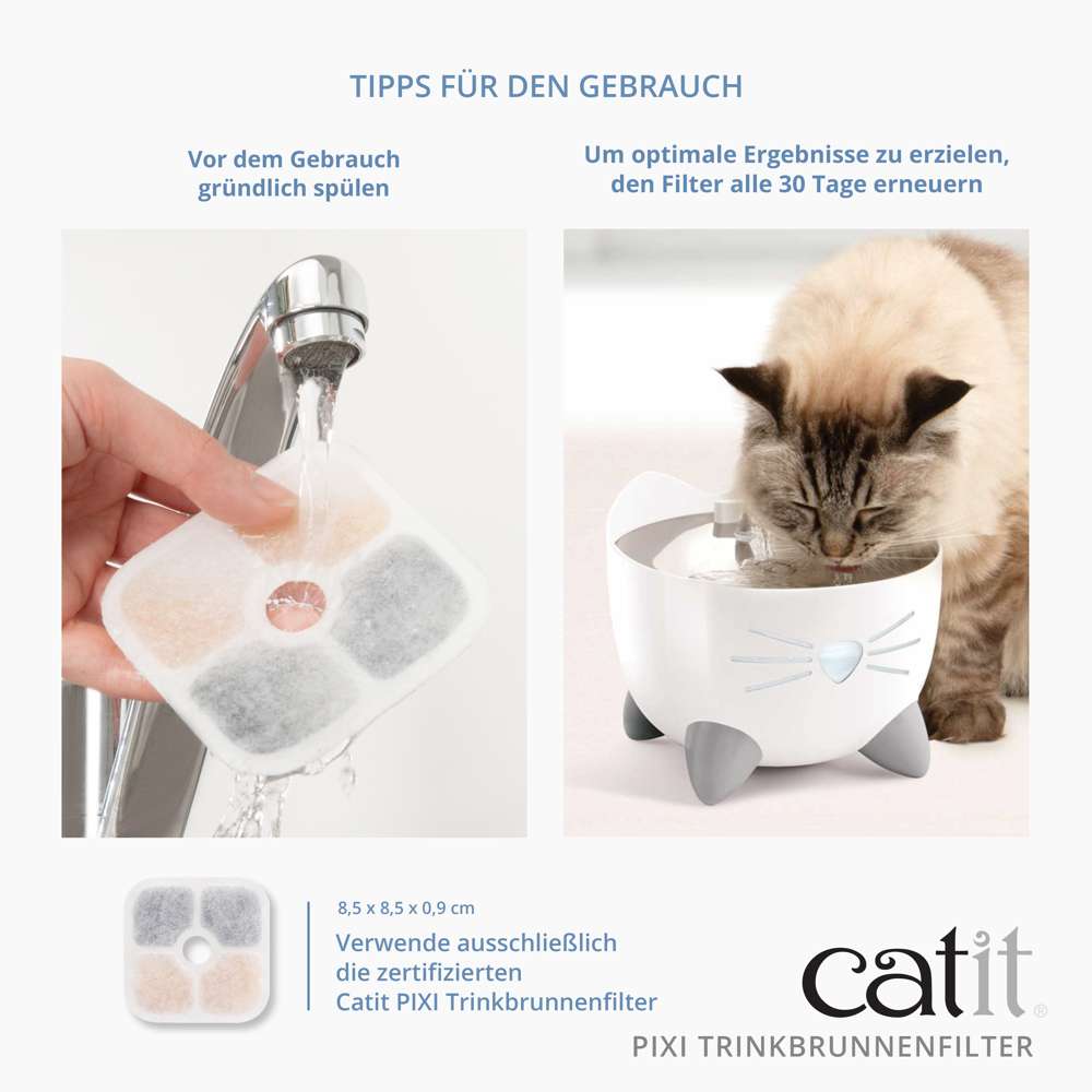 Vor dem Gebrauch gründlich spülen. Um optimale Ergebnisse zu erzielen, den Filter alle 30 Tage erneuern.