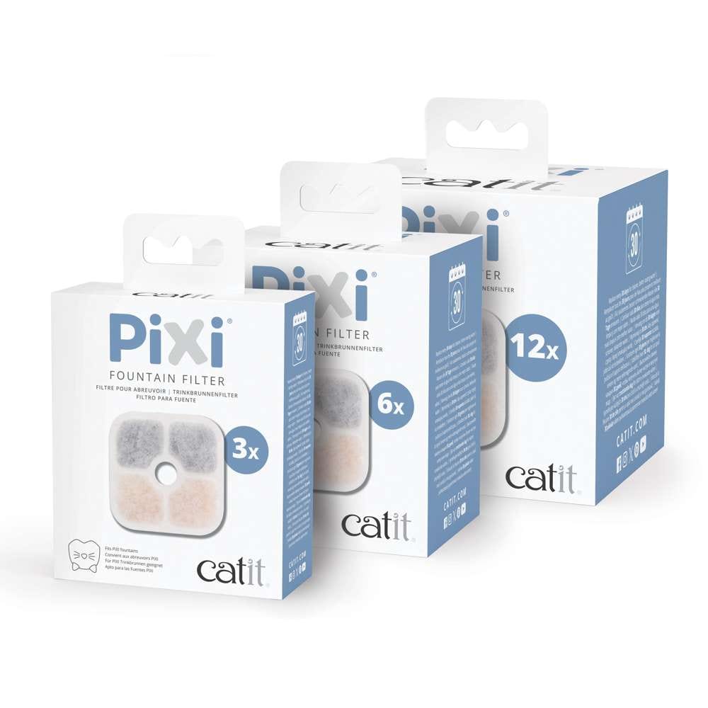 Drei Verpackungen der "Catit PIXI Filter für Katzentrinkbrunnen" stehen nebeneinander.