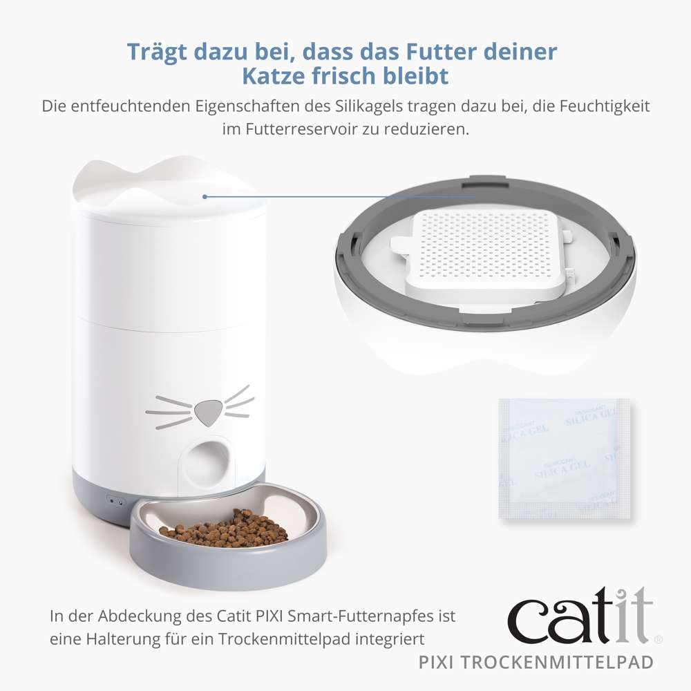 Die entfeuchtenden Eigenschaften des Silikatgels tragen dazu bei, die Feuchtigkeit im Futter-Reservoir zu reduzieren. In der Abdeckung des Catit PIXI Smart-Futternapfes ist eine Halterung für ein Trockenmittelpad integriert.