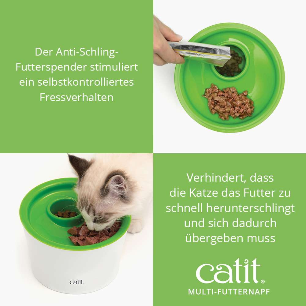Der Anti-Schling-Futterspender stimuliert ein selbstkontrolliertes Fressverhalten. Verhindert, dass die Katze das Futter zu schnell herunterschlingt und sich dadurch übergeben muss.