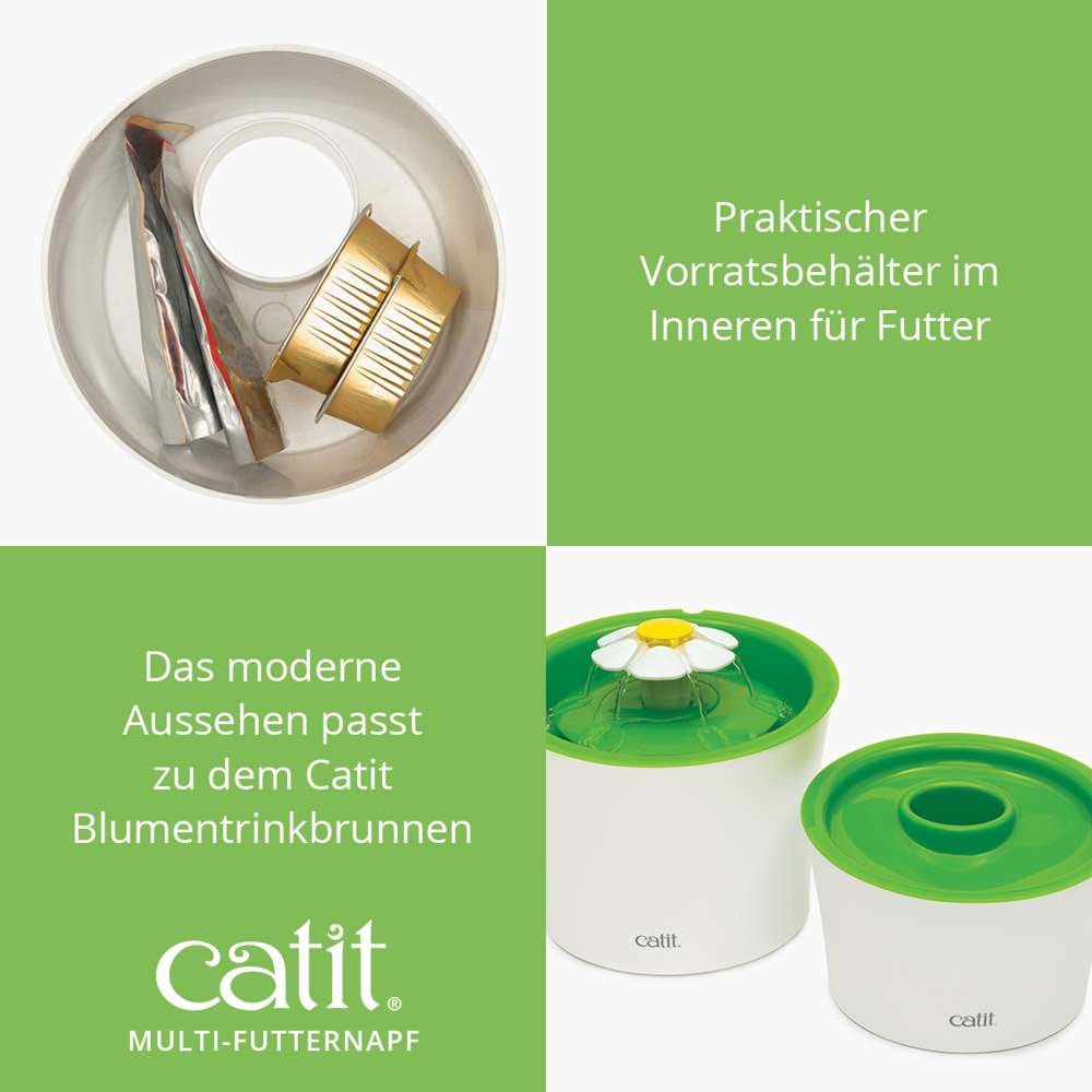 Praktischer Vorratsbehälter im Inneren für Futter. Das moderne Aussehen passt zu dem Catit Blumentrinkbrunnen.