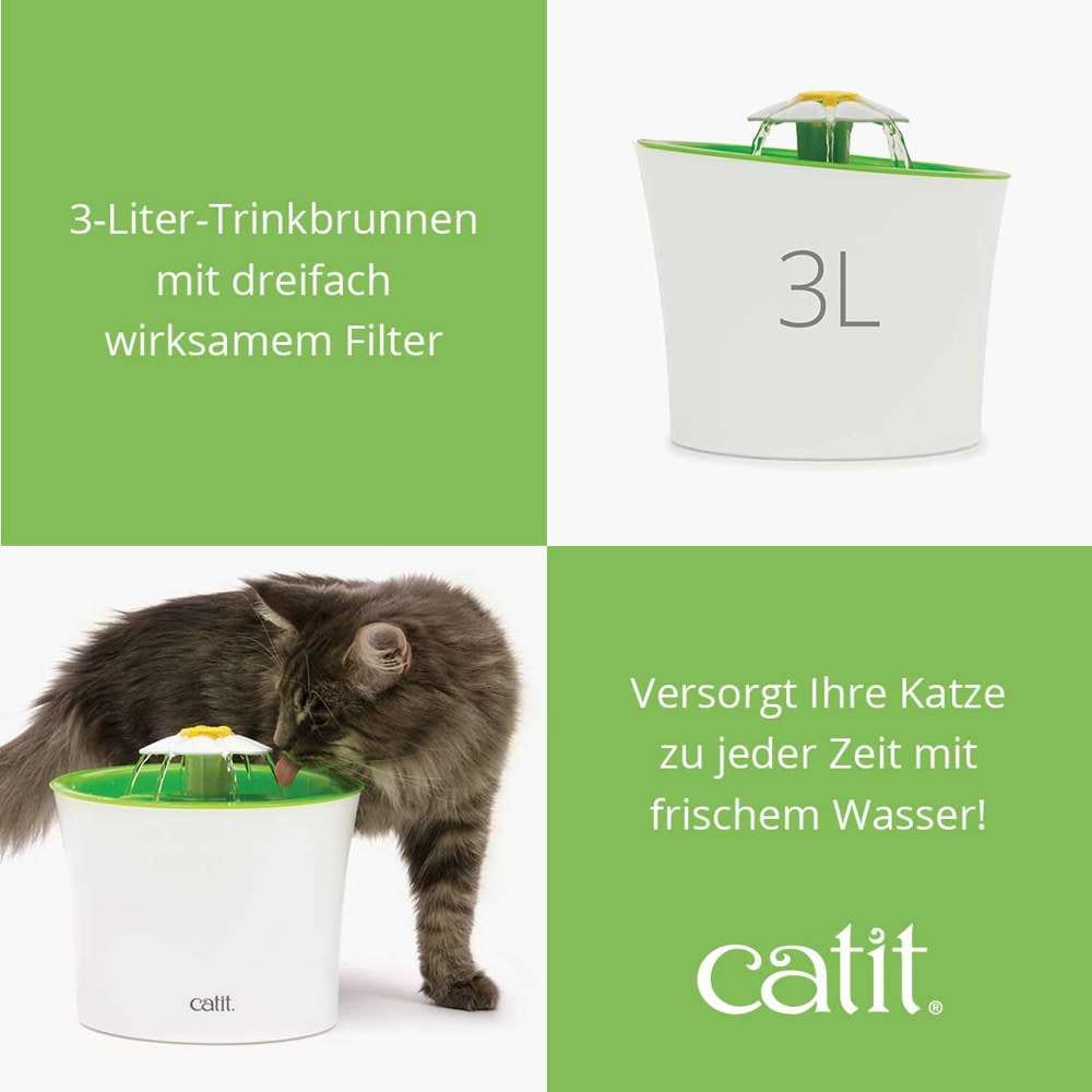 3-Liter-Trinkbrunnen mit dreifach wirksamem Filter. Versorgt deine Katze zu jeder Zeit mit frischem Wasser.