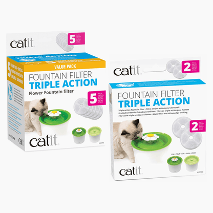 Verpackungen der beiden Sets "Catit Dreifachwirkender Filter", vom 2er-Set und vom 5er-Set