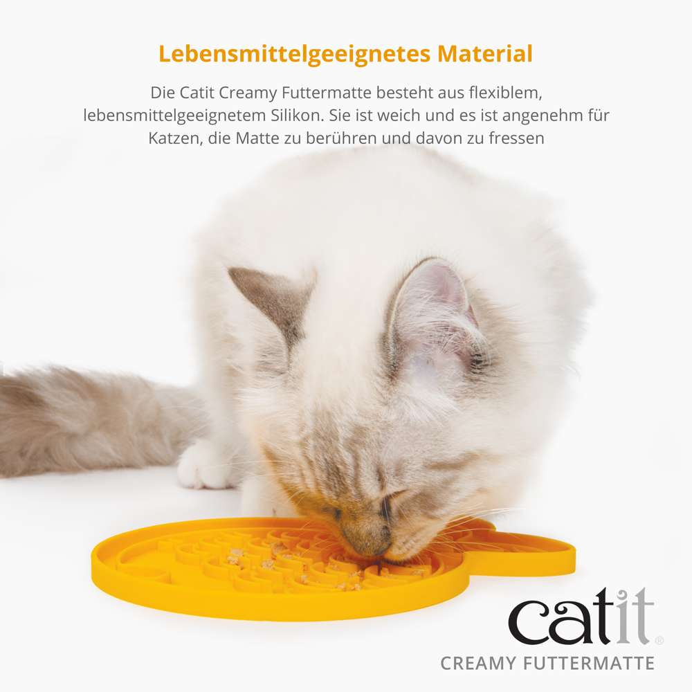 Die Catit Creamy Futtermatte besteht aus flexiblem, lebensmittelgeeignetem Silikon. Sie ist weich und es ist angenehm für Katzen, die Matte zu berühren und davon zu fressen.