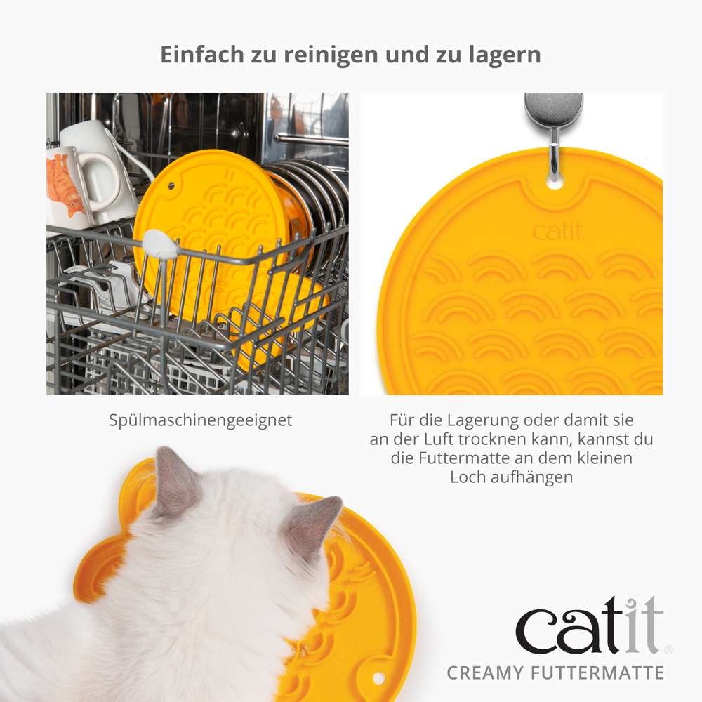 Spülmaschinengeeignet. Für die Lagerung oder damit sie an der Luft trocknen kann, kannst du die Futtermatte an dem kleinen Loch aufhängen.