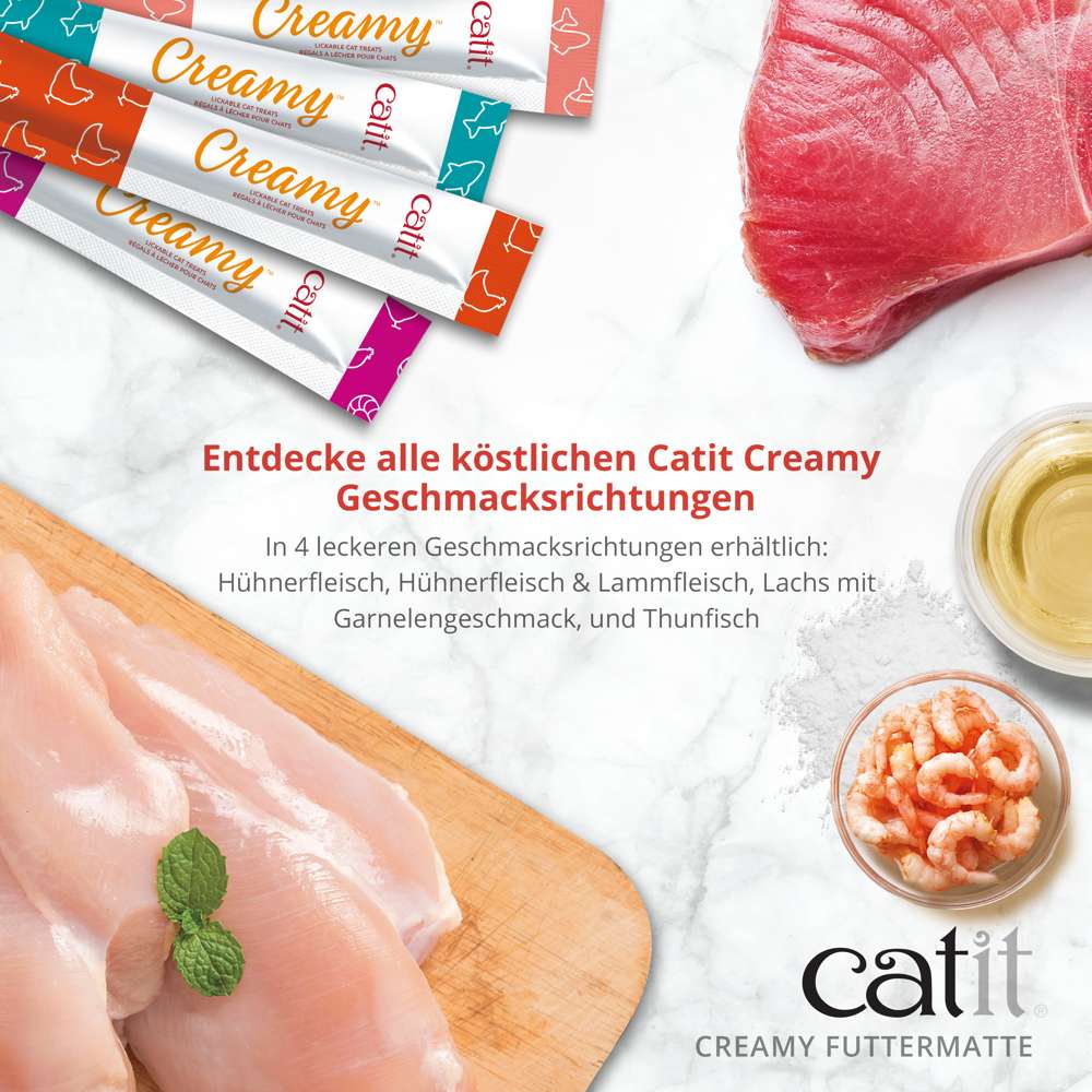 Überblick über die verschiedenen Geschmacksrichtungen der Leckerlis von "Catit Creamy".