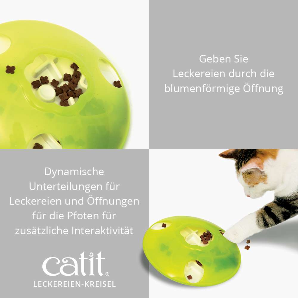 Geben Sie Leckereien durch die blumenförmige Öffnung. Dynamische Unterteilungen für Leckereien und Öffnungen für die Pfoten für zusätzliche Aktivität.
