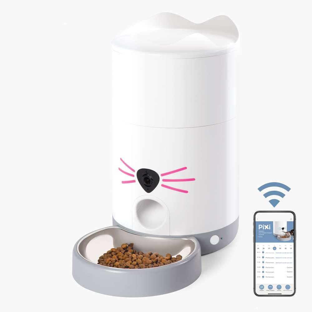 Im "Catit PIXI Smart-Futterautomat Vision" wurde Trockenfutter eingefüllt. Ein Symbol zeigt die Verbindung zu Catit PIXI App.