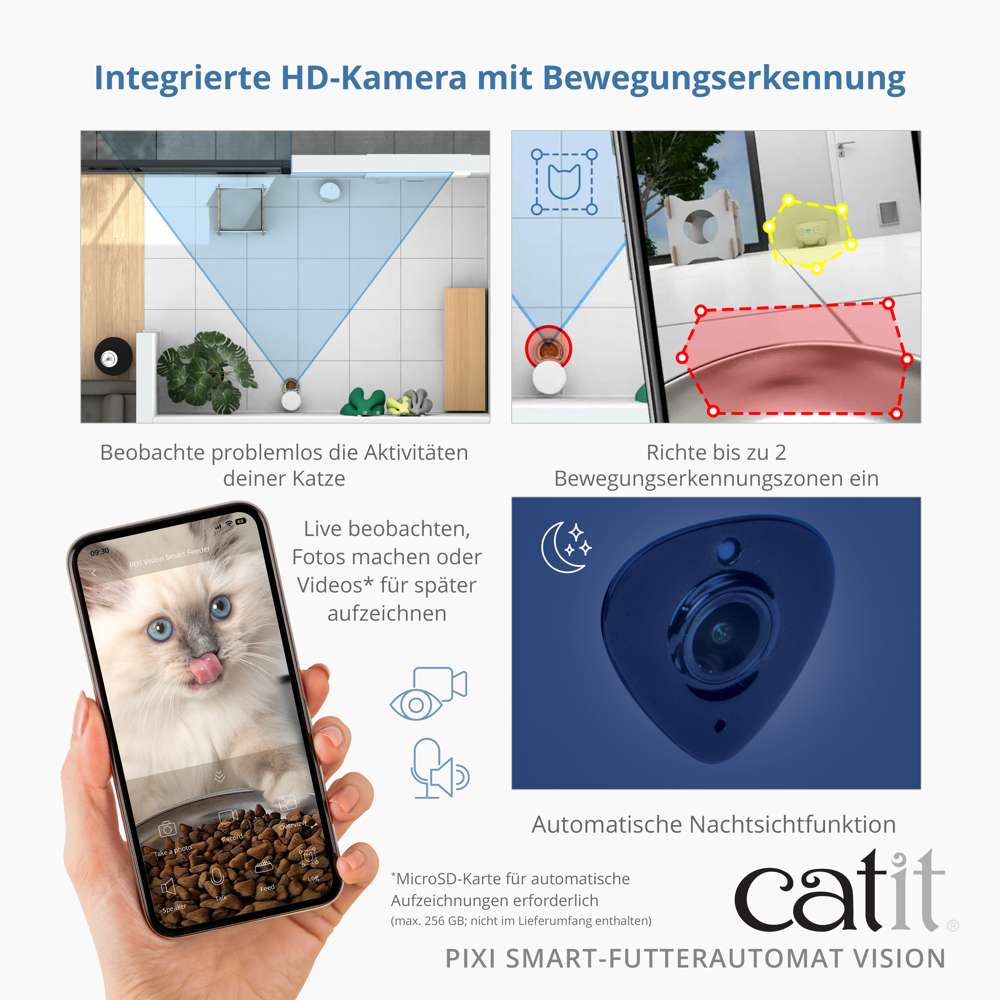 Integrierte HD-Kamera mit Bewegungserkennung. Live beobachten, Fotos machen und Videos für später aufzeichnen. MicroSD-Karte erforderlich. Automatische Nachtsichtfunktion. Richte bis zu 2 Bewegungserkennungszonen ein.
