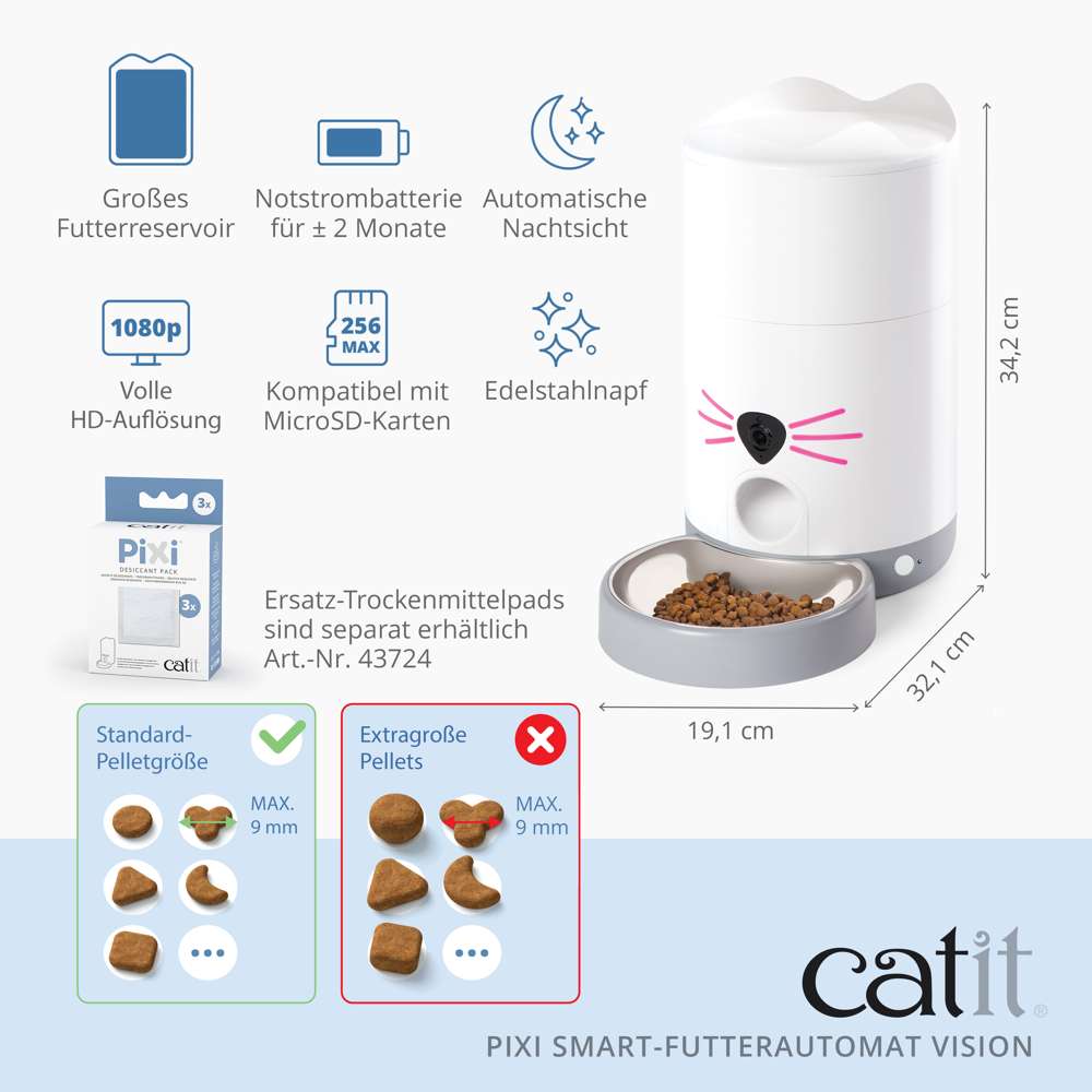 Notstrombatterie für etwa 2 Monate. Edelstahlnapf. Ersatz-Trockenmittelpads sind separat erhältlich (43724). Für Pellets bis 9 mm. Breite: 19,1 cm. Tiefe: 32,1 cm. Höhe: 34,2 cm.