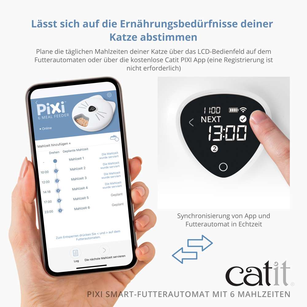 Plane die täglichen Mahlzeiten deiner Katze über das LCD-Bedienfeld auf dem Futterautomaten oder über die kostenlose Catit PIXI App.
