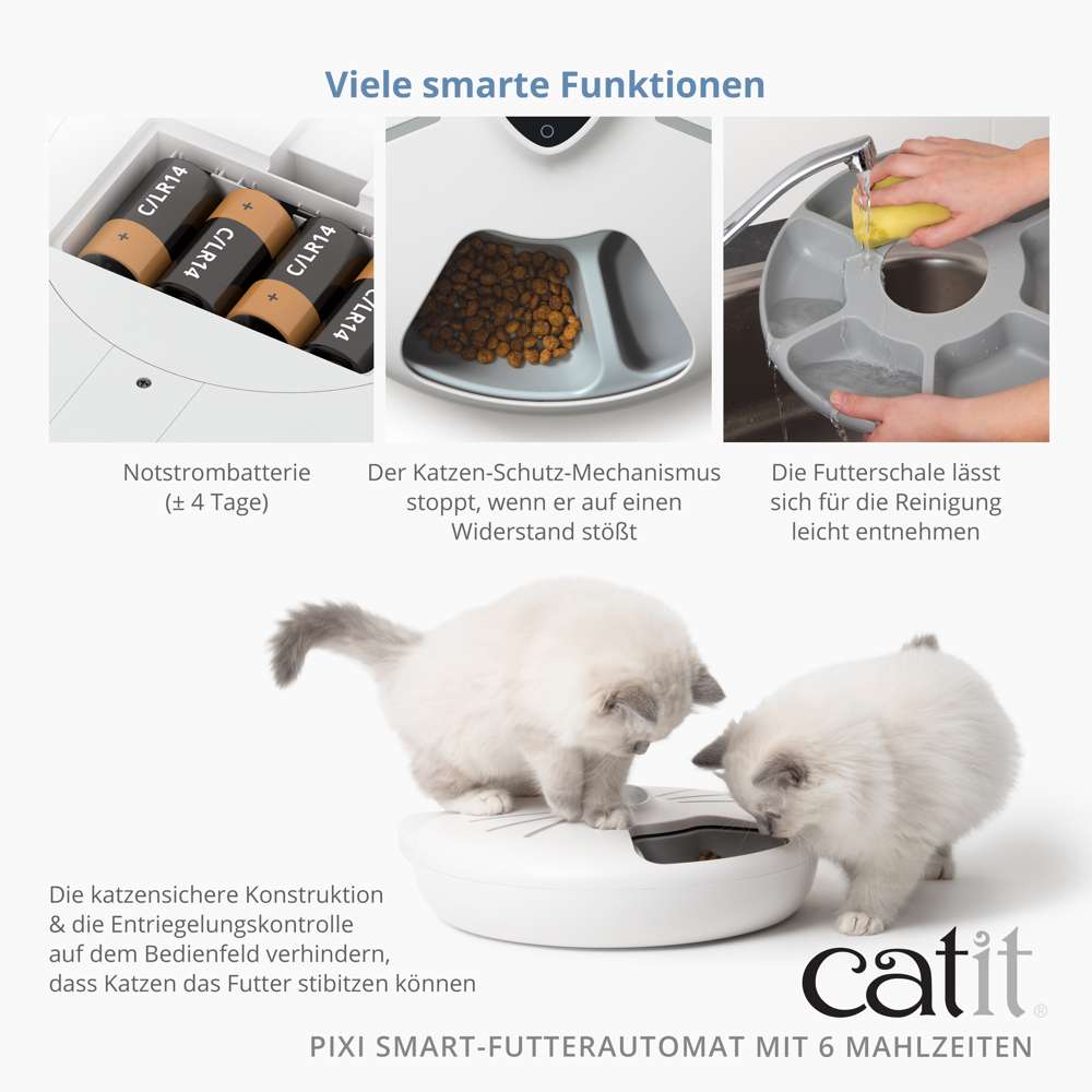 Notstrombatterie für etwa 4 Tage. Die Futterschale lässt sich für die Reinigung leicht entnehmen. Der Katzen-Schutz-Mechanismus stoppt, wenn er auf einen Widerstand stößt.