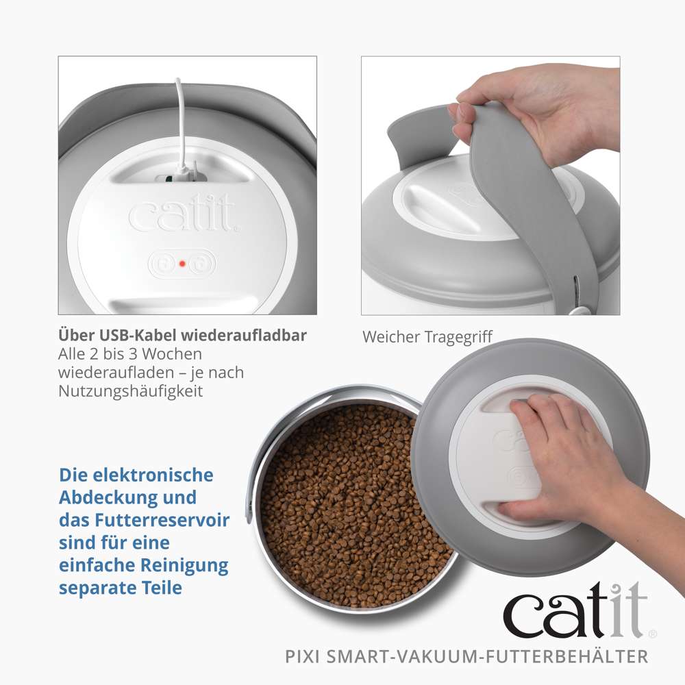Über USB-Kabel wiederaufladbar, weicher Tragegriff. Elektronische Abdeckung. Die elektronische Abdeckung und das Futter-Reservoir sind für eine einfache Reinigung separate Teile.