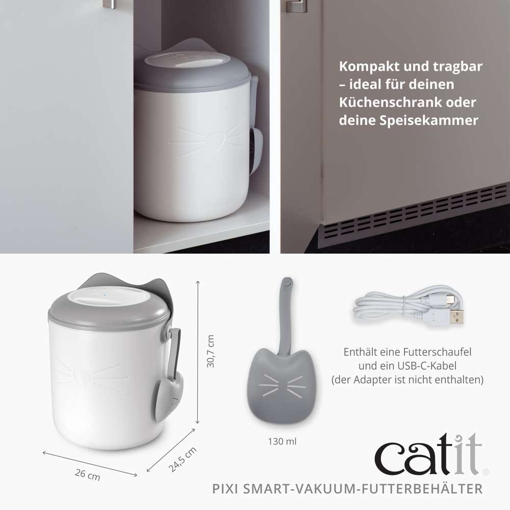 Kompakt und tragbar - ideal für deinen Küchenschrank oder deine Speisekammer. Enthält Futterschaufel und USB-C-Kabel. Der Adapter ist nicht enthalten. Breite: 26 cm. Höhe: 30,7 cm. Tiefe: 24,5 cm. Die Schaufel fasst 130 ml.