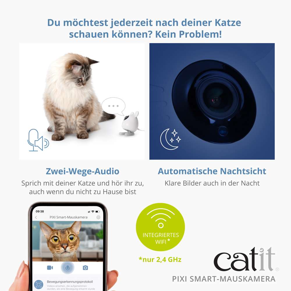 Du möchtest jederzeit nach deiner Katze schauen können? Kein Problem! Automatische Nachtsicht. Zwei-Wege-Audio.
