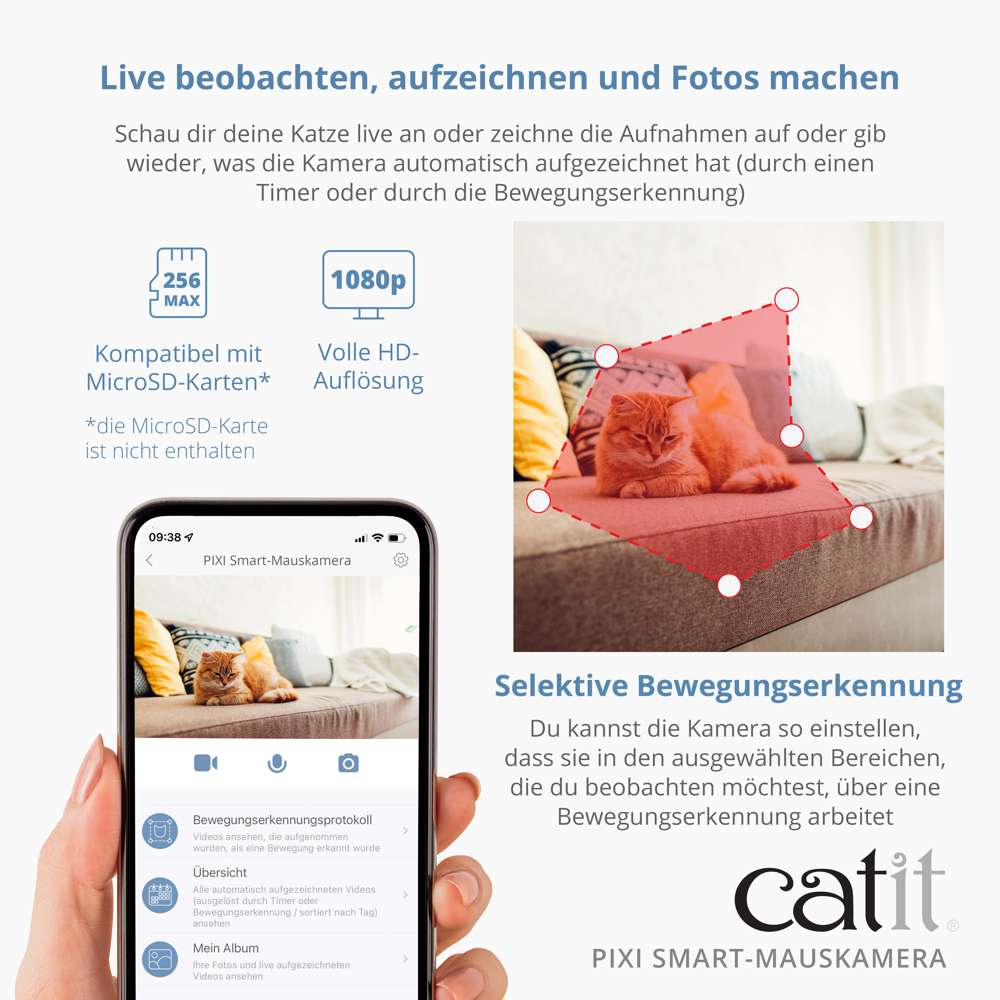 Schau dir deine Katze live an oder zeichne die Aufnahmen auf oder gib wieder, was die Kamera durch Timer oder Bewegungserkennung automatisch aufgezeichnet hat. Kompatibel mit MicroSD-Karten. Volle HD-Auflösung.