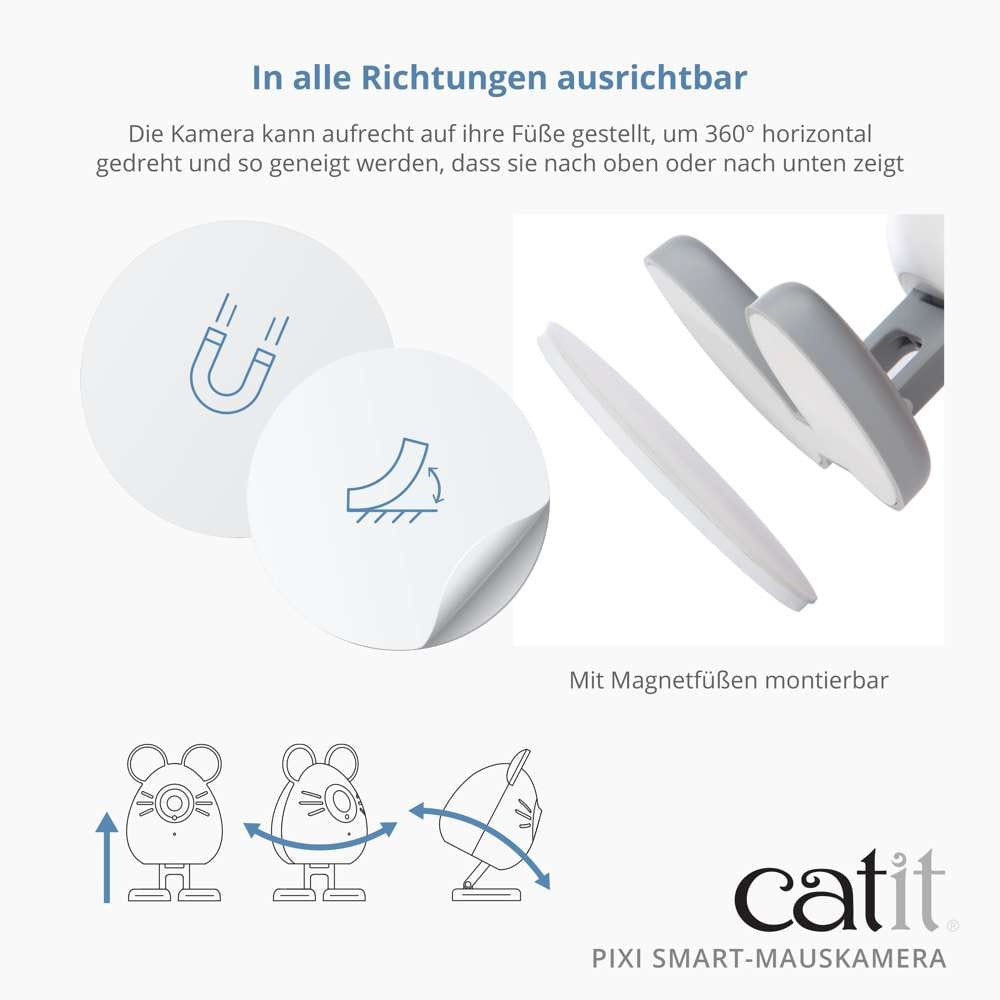 Die Kamera kann aufrecht auf ihre Füße gestellt, um 360° horizontal gedreht und so geneigt werden, dass sie nach oben oder nach unten zeigt.