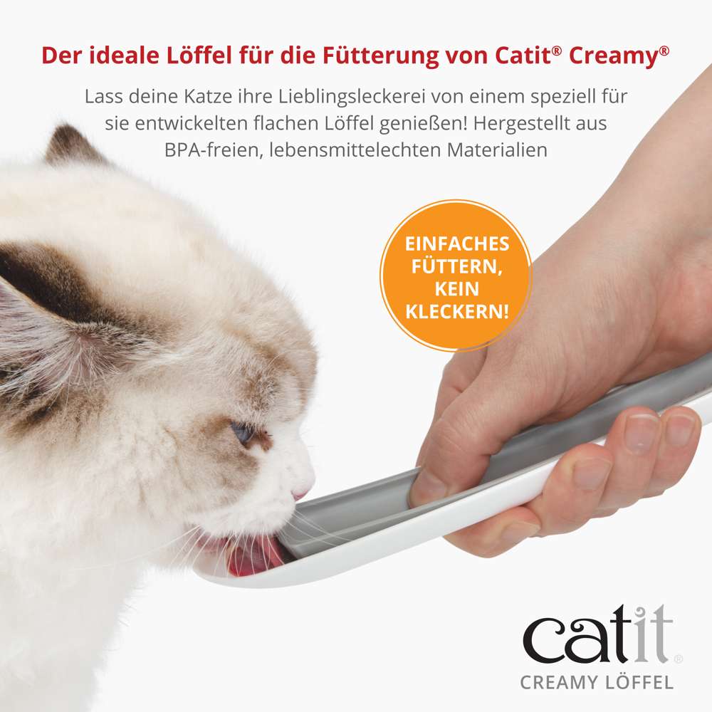 Der ideale Löffel für die Fütterung von Crème "Catit Creamy". Lass deine Katze ihre Lieblingsleckerei von einem speziell für sie entwickelten, flachen Löffel genießen. Hergestellt aus BPA-freien, lebensmittelechten Materialien.