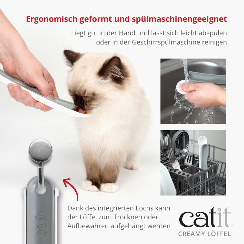 Ergonomisch geformt und spülmaschinengeeignet. Dank des integrierten Lochs kann der Löffel zum Trocknen oder Aufbewahren aufgehängt werden.
