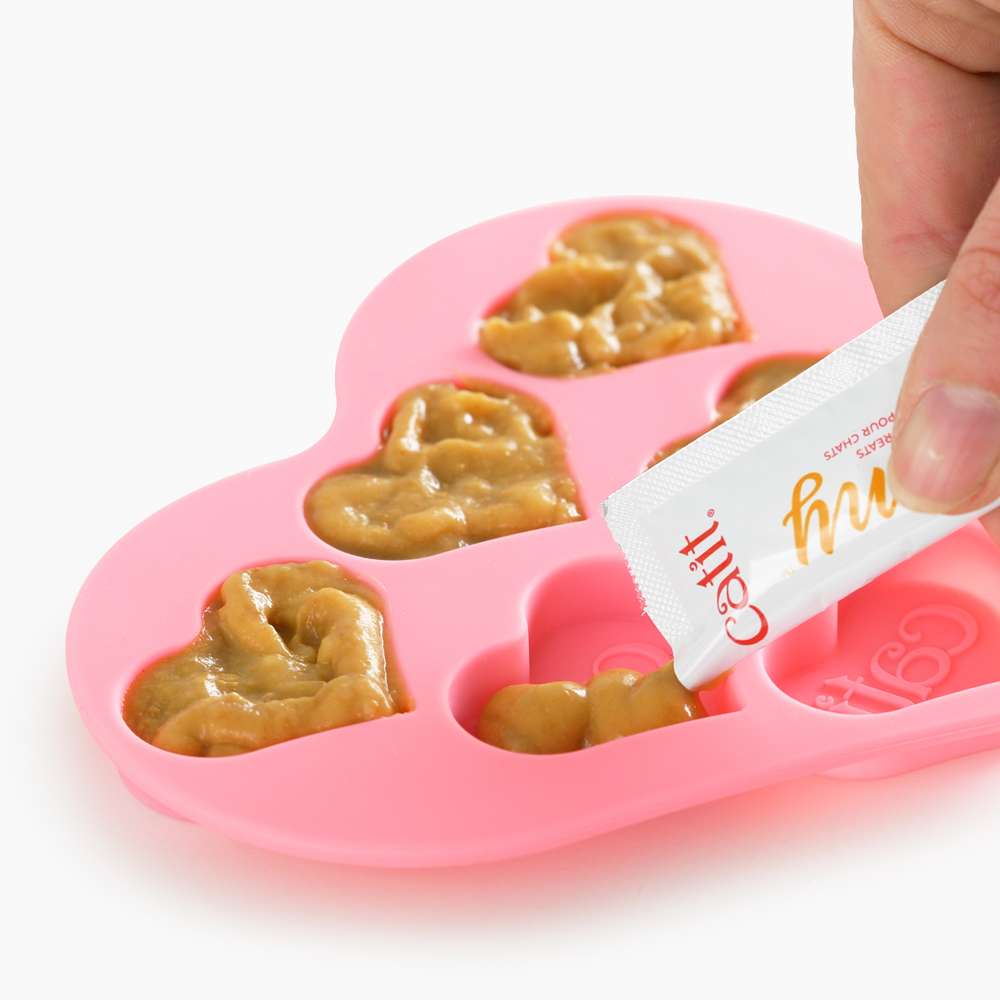 Eine Hand fügt Leckerli-Creme in die Eiscreme-Form hinein.