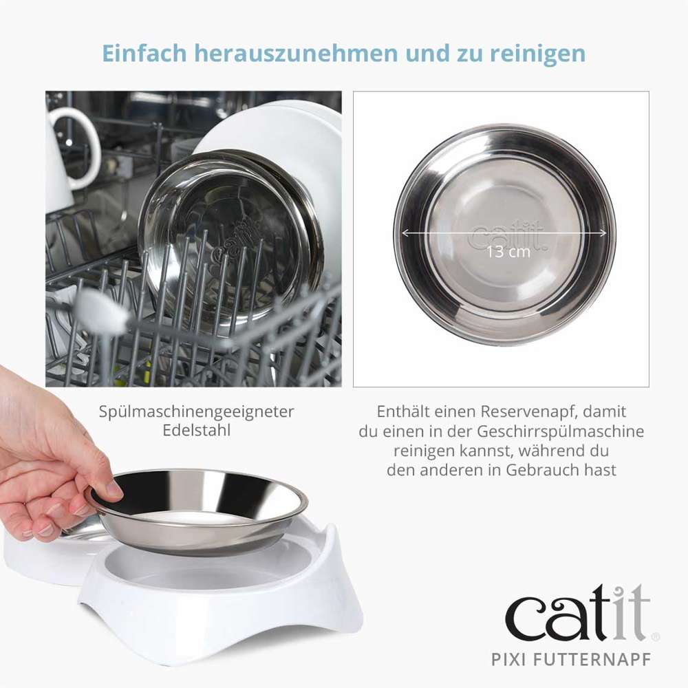 Spülmaschinengeeigneter Edelstahl. Enthält einen Reserve-Napf, damit du einen in der Geschirrspülmaschine reinigen kannst, während du den anderen in Gebrauch hast.