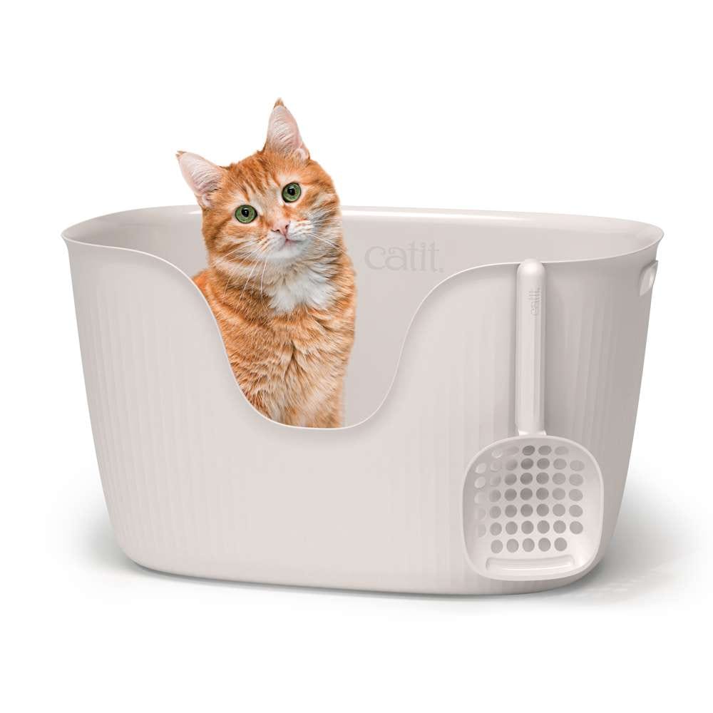 Orange Katze sitzt in weißer Catit LOO Katzentoilette mit Schaufel.