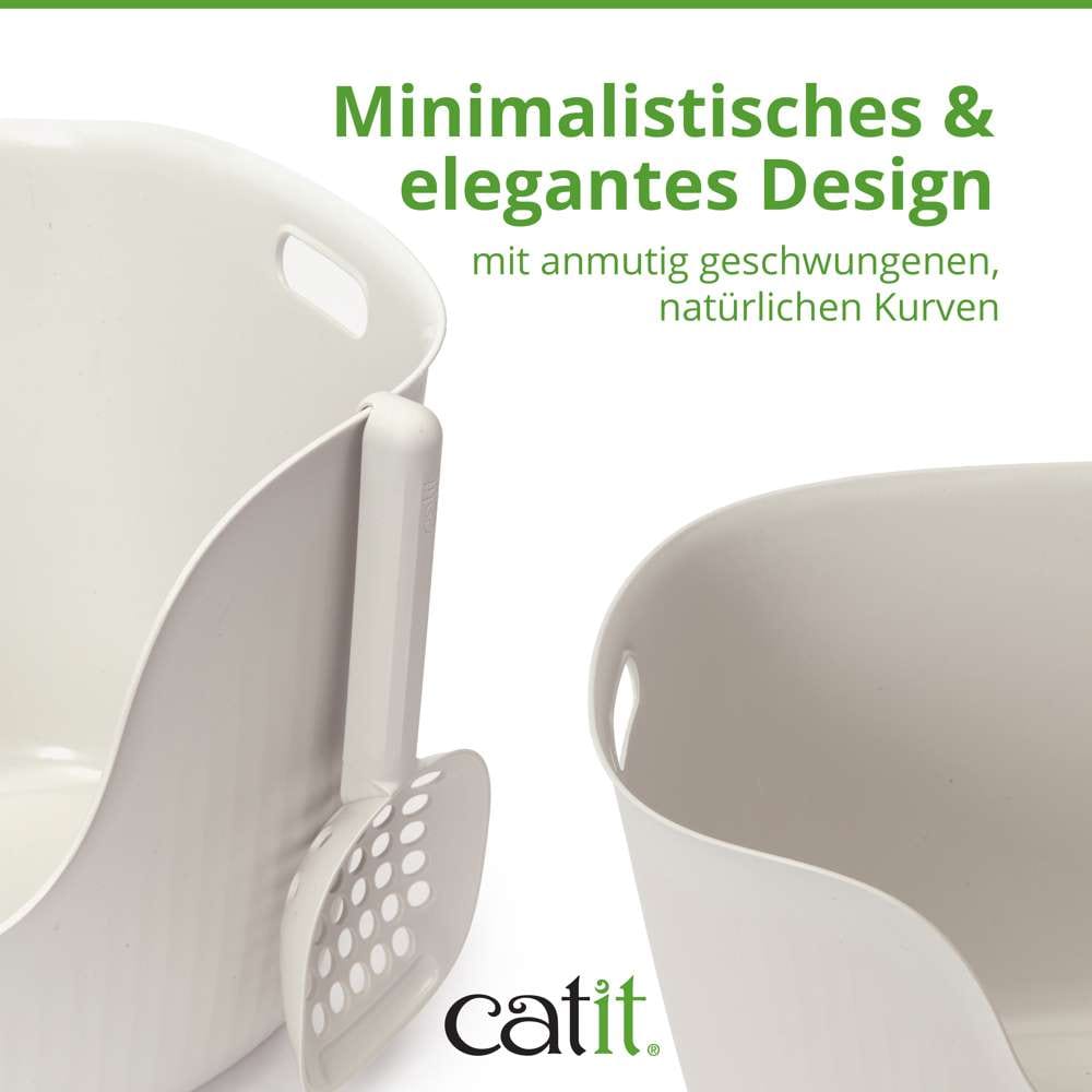 Minimalistisches & elegantes Design mit anmutig geschwungenen, natürlichen Kurven, zwei Ansichten der Katzentoilette.