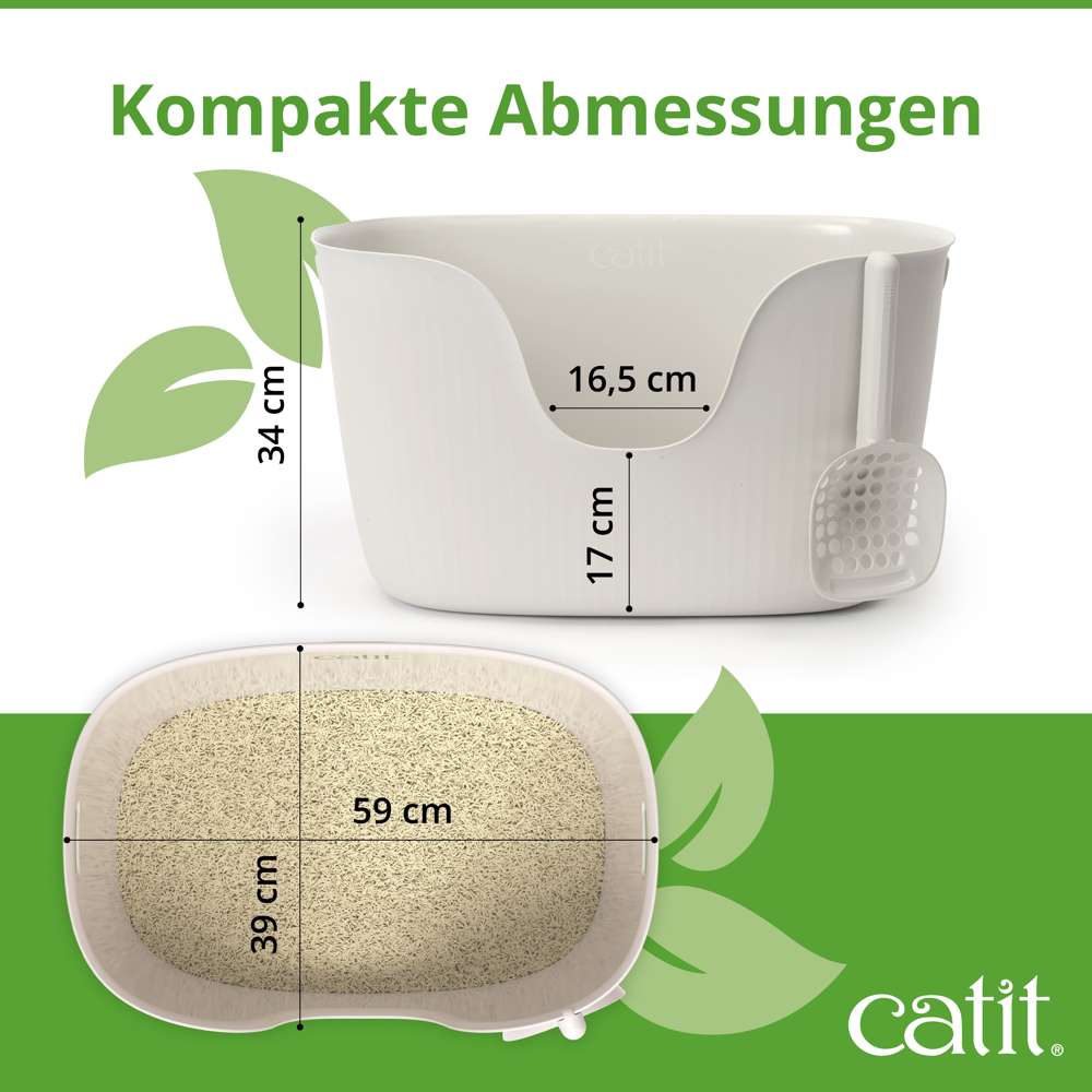 Kompakte Abmessungen, Katzentoilette mit Maßen: 59 cm Breite, 39 cm Tiefe, 34 cm Höhe. 16,5 cm Eingangsöffnung.