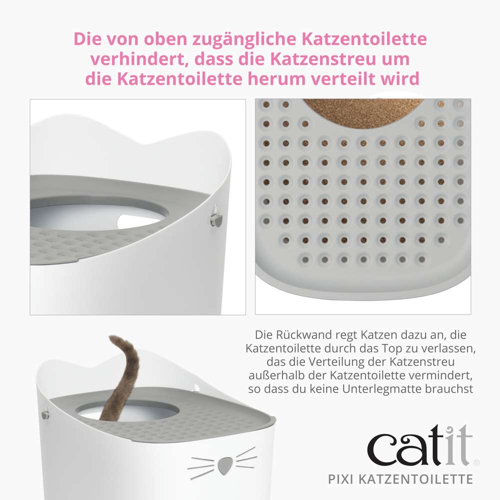 Die von oben zugängliche Katzentoilette verhindert, dass die Katzenstreu um die Katzentoilette herum verteilt wird.