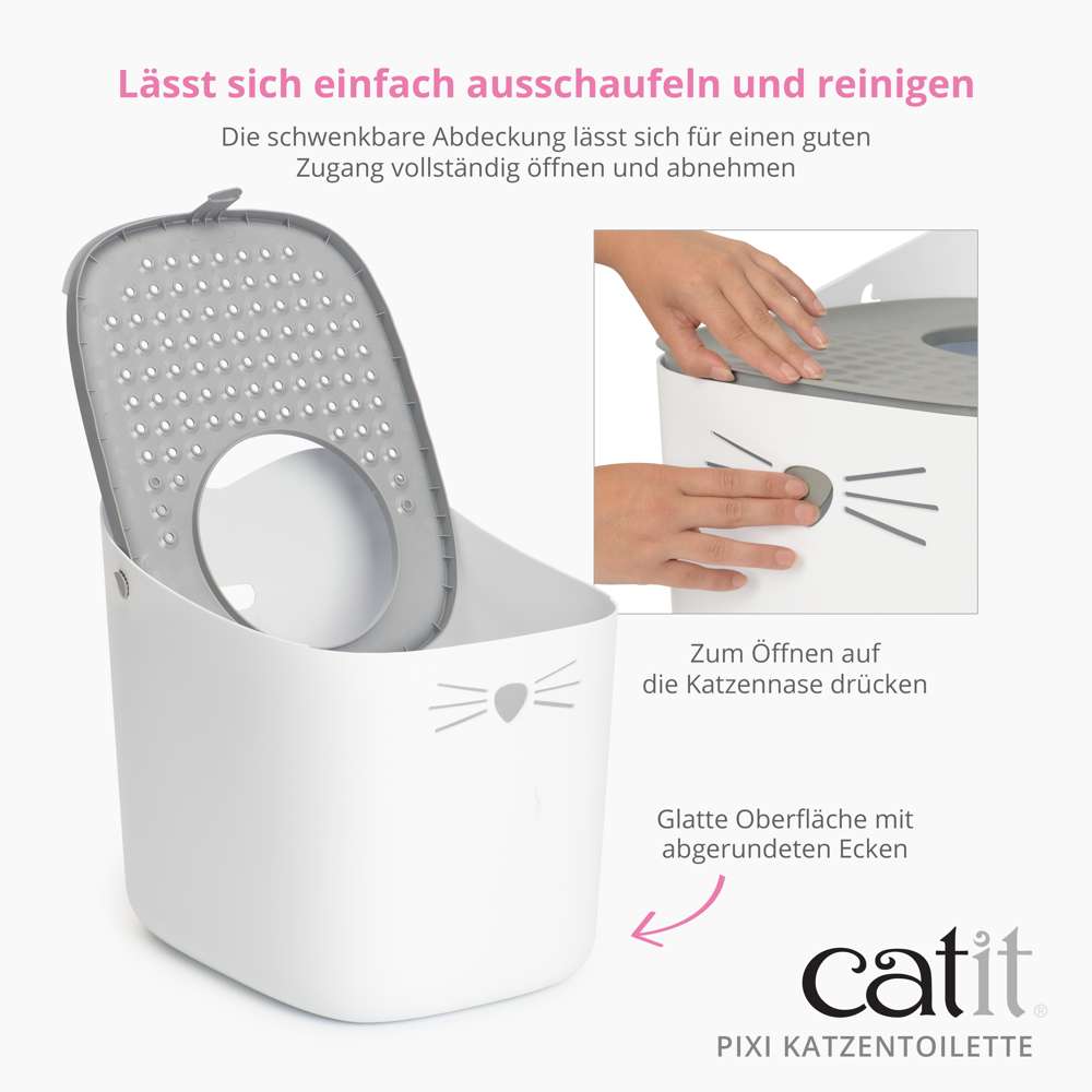 Lässt sich einfach ausschaufeln und reinigen. Zum Öffnen der Katzentoilette auf die Katzennase drücken.