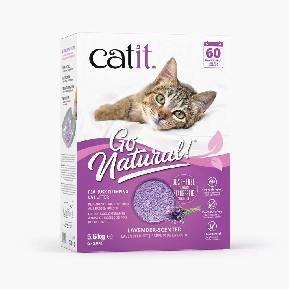Verpackung von "Catit Go Natural! Klumpende Katzenstreu aus Erbsenhülsen", Lavendel