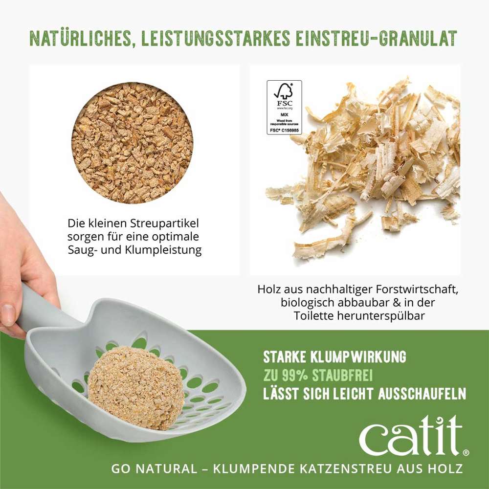 Holz aus nachhaltiger Forstwirtschaft, biologisch abbaubar und in der Toilette herunterspülbar. Starke Klumpenbildung. Zu 99 % staubfrei. Lässt sich leicht ausschaufeln.