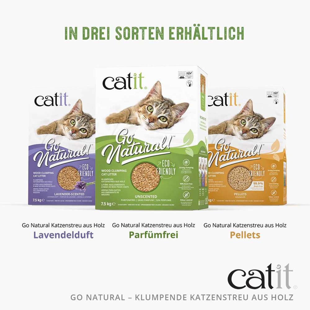 In drei Sorten erhältlich: Lavendelduft, Parfümfrei, Pellets.