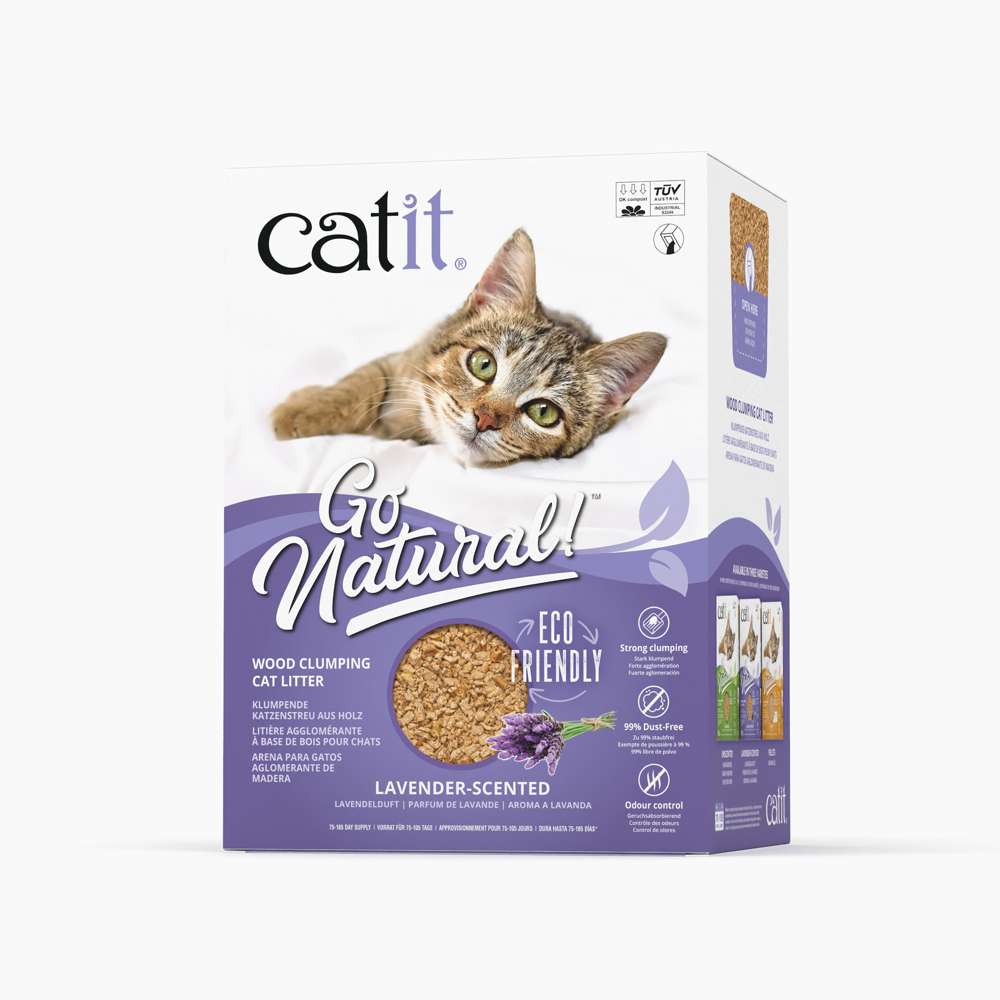 Verpackung des "Catit Go Natural! Klumpende Katzenstreus aus Holz - Lavendelduft"